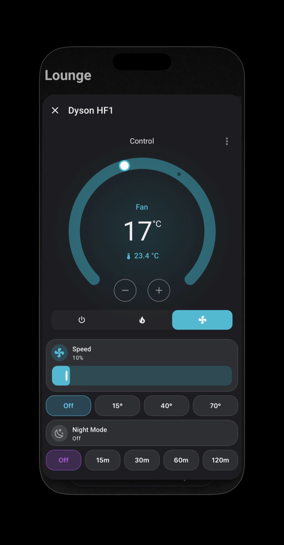Dyson HF1 custom popup with circular dial, speed slider, oscillation angles, and timer presets