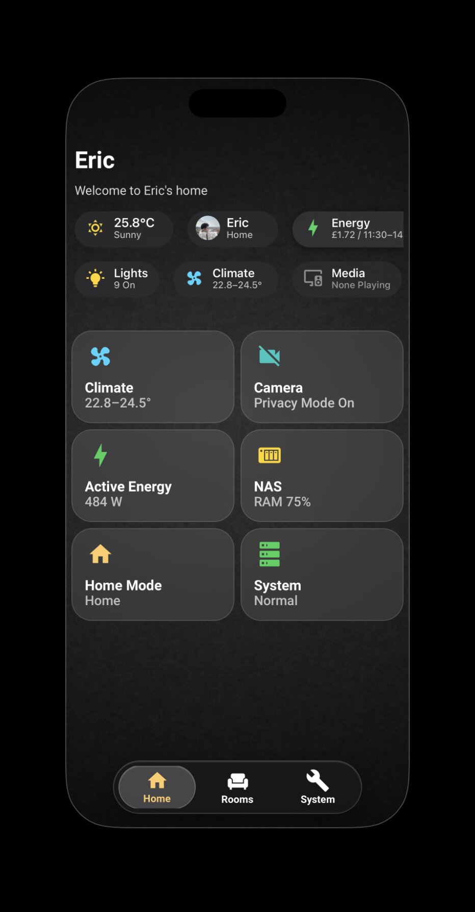 Home view — the entry point, with weather, identity, lights, climate, camera privacy, and system status all at a glance